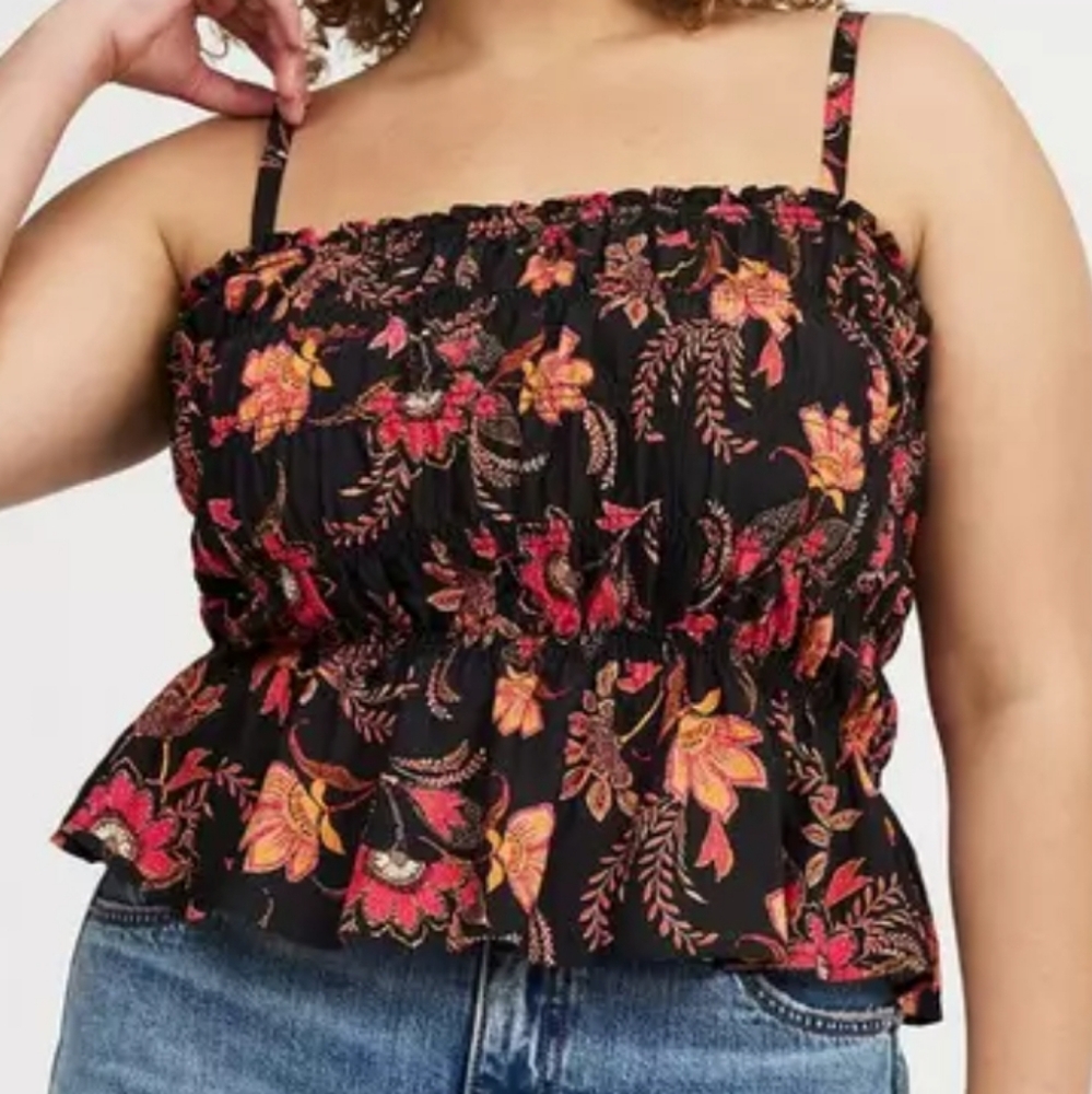 Torrid Black Orange Paisley Smocked Peplum Tank Top
